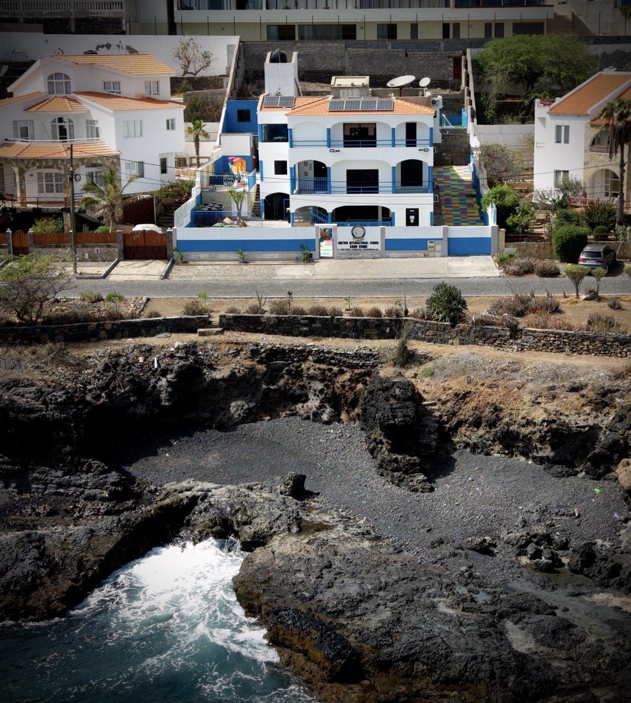 Aerial view of the British International School Cabo Verde campus, Palmarejo Baixo, Praia